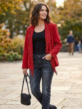 Dialogue Plus Size 100% Leather Red Fringe Collarless Jacket Sz 2X